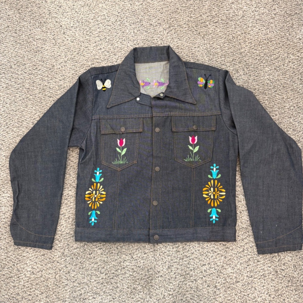 Embroidered Denim Jacket Dark Wash Floral Butterfly Bee Blue Insects Trucker